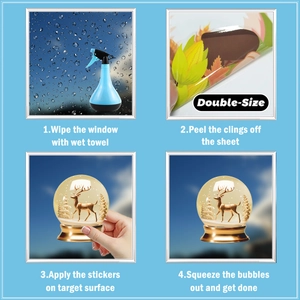 Guide for applying gold Christmas window stickers with elk and snowflake designs