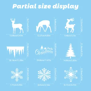 Size chart for Christmas static window stickers with reindeer and snowflake dimensions