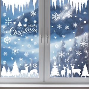 White Christmas window decals with snowflakes, reindeer and Merry Christmas text decor