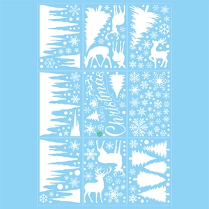 White Christmas window decals with snowflakes, reindeer and Merry Christmas text