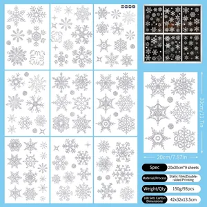 Close-up of glitter silver snowflake static window clings for Christmas decor