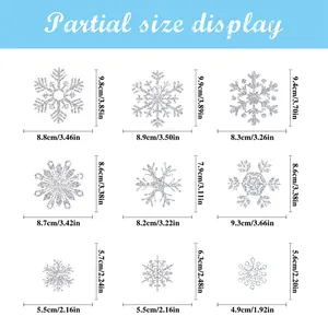 Size chart showing nine unique glitter snowflake window stickers with detailed dimensions