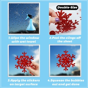 Four-step installation guide for red glitter snowflake static window stickers