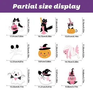 Size chart showing dimensions for nine pink cartoon Halloween window stickers and decals
