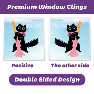 Double-sided Halloween window cling featuring a cartoon black cat on a broomstick