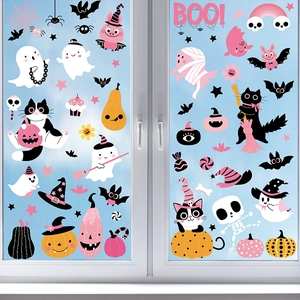 Detailed view of pink Halloween window decals with cute ghosts and black cat