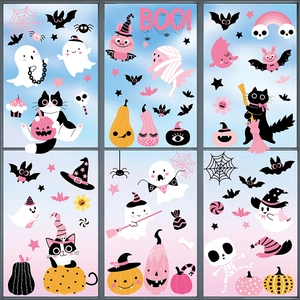 Pink Halloween window clings set with cartoon ghosts pumpkins and black cats decor