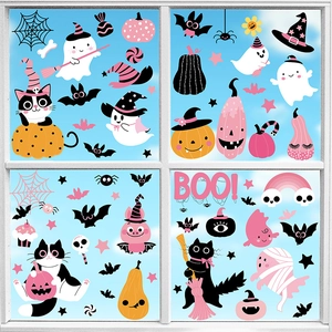 Pink Halloween window clings with cartoon pumpkin, ghost, and cat for festive decoration