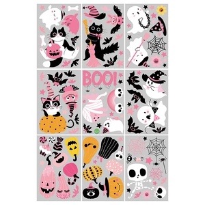 Pink Halloween cartoon sticker set featuring pumpkins, cats and ghosts for window decor