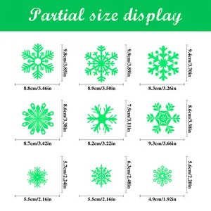 Size chart showing nine luminous snowflake window stickers in diverse geometric shapes