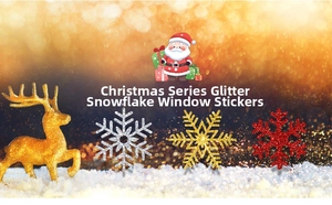 Close-up of gold glitter snowflake window stickers in red, gold and silver festive colors