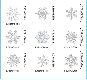Size chart showing dimensions for nine types of silver glitter snowflake window stickers