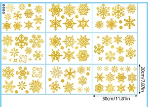Set of 9 gold glitter snowflake window stickers showing 20x30cm dimensions per sheet