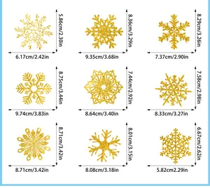 Detailed size chart for nine styles of gold glitter snowflake window stickers with dimensions
