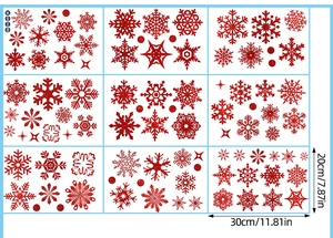 Detail of red glitter snowflake window stickers in 30x20cm sheets for festive decoration