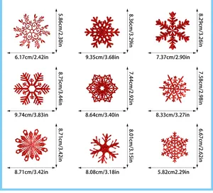 Size chart showing 9 red glitter snowflake window stickers with precise dimensions