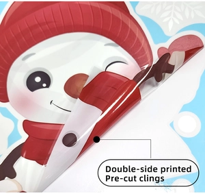 Detail of double-sided printed snowman window clings showing pre-cut edges and easy peeling