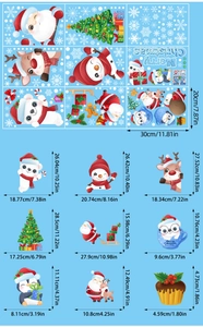 Detailed size specifications for Christmas window decals featuring reindeer and snowman