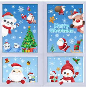 Detail of static Christmas window stickers with Santa, reindeer and snowflake patterns