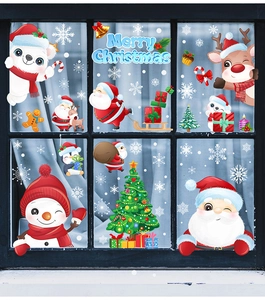 Detailed view of Merry Christmas window stickers with Santa, reindeer and snowman decals