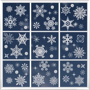 Double-sided glitter snowflake window stickers with nine festive winter patterns