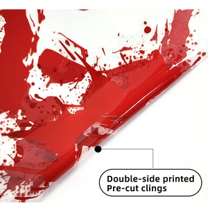 Detail of pre-cut double-side printed Halloween blood splatter window clings decorations