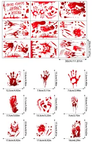Size guide for Halloween blood stickers featuring skulls and handprints dimensions