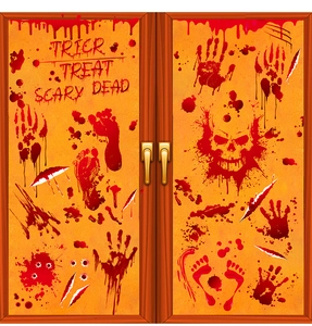 Macro detail of Halloween bloody handprints and scary decals on a glass door