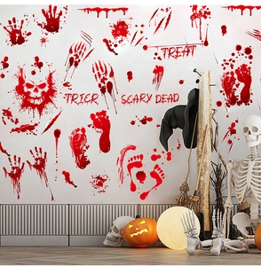 Detailed Halloween wall decals featuring bloody handprints, footprints and skull stickers