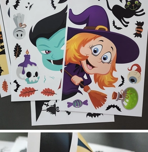 Détails d'autocollants d'Halloween avec fantômes, chats et sorcières en couleurs