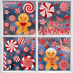 Gingerbread man and candy static window stickers set with Merry Christmas text for glass