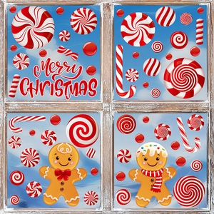 Gingerbread man and candy Christmas window stickers with Merry Christmas lettering