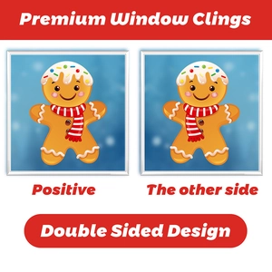 Double-sided gingerbread man window clings with premium festive candy cane design
