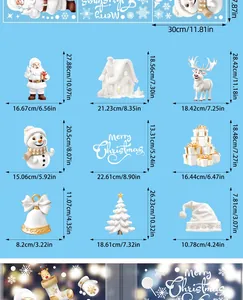 Size chart for Christmas window stickers featuring Santa, snowman, and reindeer dimensions