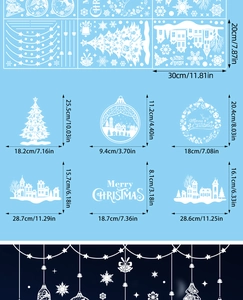 Detail view of white Christmas window stickers with snowflakes and size dimensions
