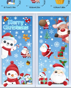 Detailed size guide for Christmas window clings featuring Santa Claus and reindeer stickers