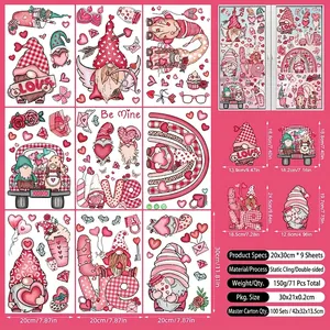 Detail set of 9 Valentine gnome window stickers with 71 decals and size dimensions