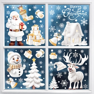 3D Christmas static window clings set with Santa, elk and snowflakes for glass decoration