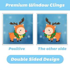 Detail of double sided Christmas window cling showing cartoon reindeer and snow