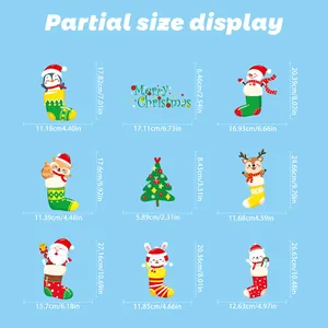 Tabella taglie per 9 adesivi natalizi con dimensioni per pupazzo di neve e renna decor