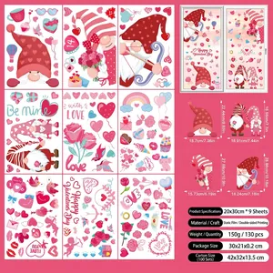 Detailed sheet view of Valentine's Day gnome window clings with dimensions and 9-piece set layout