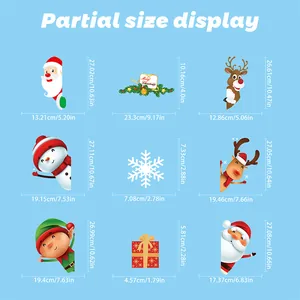 Size guide for 9 Christmas window stickers featuring Santa Claus, reindeer, and snowman