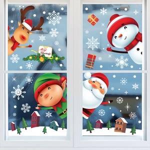 Christmas window stickers featuring Santa, reindeer, and snowy village for holiday decor