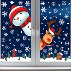Stickers de Noël électrostatiques avec bonhomme de neige, renne et maisons enneigées