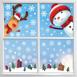 Détails des stickers de Noël pour fenêtres avec renne, bonhomme de neige et flocons blancs