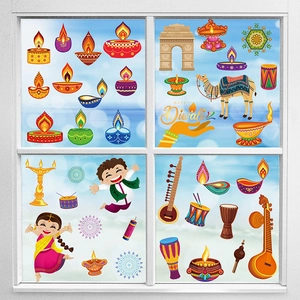 Vibrant Diwali window cling set with Diya lamps, Mandalas and Happy Diwali greetings