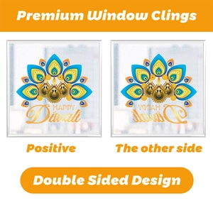 Double-sided Diwali window clings featuring colorful peacock feathers and Diya lamp designs