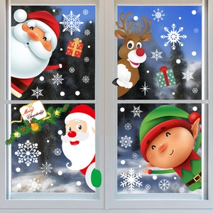 Christmas window decals with Santa Claus, reindeer, and snowflakes for glass decoration