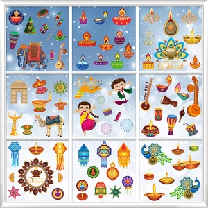 Happy Diwali Window Clings PVC Static Stickers Double Sided Diya Elephant Peacock Mandala Pattern Glass Decals Decoration
