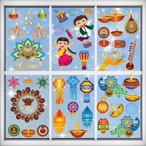 Vibrant Diwali window stickers set featuring Diyas and Indian folk motifs for home decor